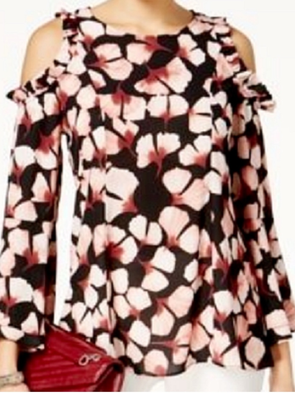 Alfani Autumn Blush Cold-Shoulder Ruffled Floral Blouse Size-6 Soft Glam